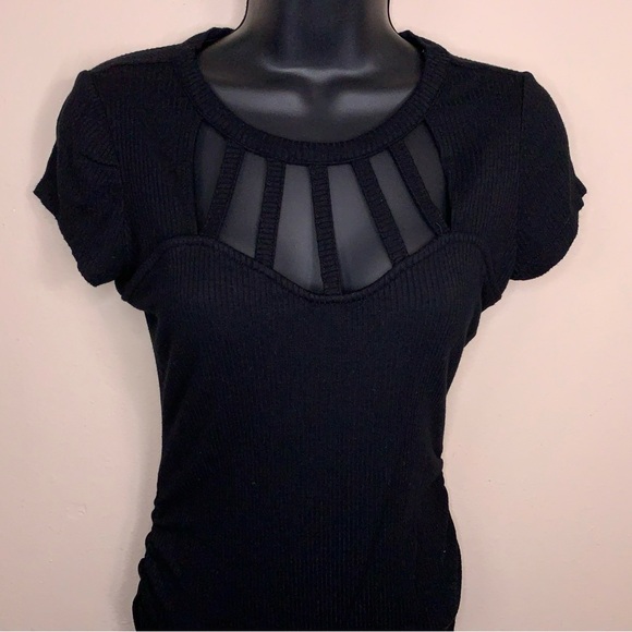 Y2K Small Candies Black Strappy Ribbed Short Sleeve Top Stretch Pinup Knit - Picture 6 of 13